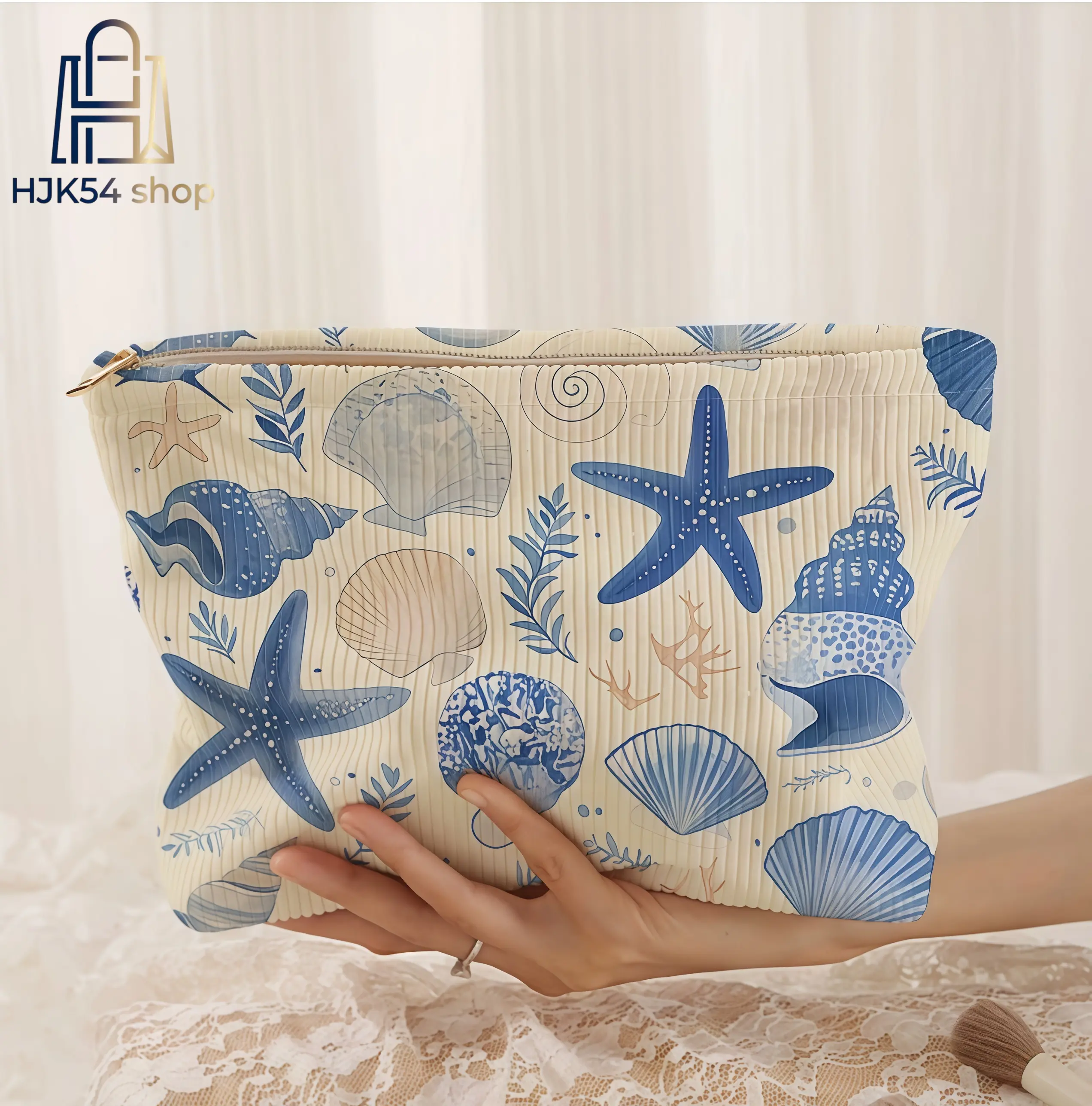 Nautical Corduroy Cosmetic Travel Bag - 1pcs Coastal Theme Starfish & Seashell Print, Casual Large Capacity Zipper Organizer, Secure Zipper, Toiletry & Makeup Storage Pouch for Beach Trip Travel,sohochic