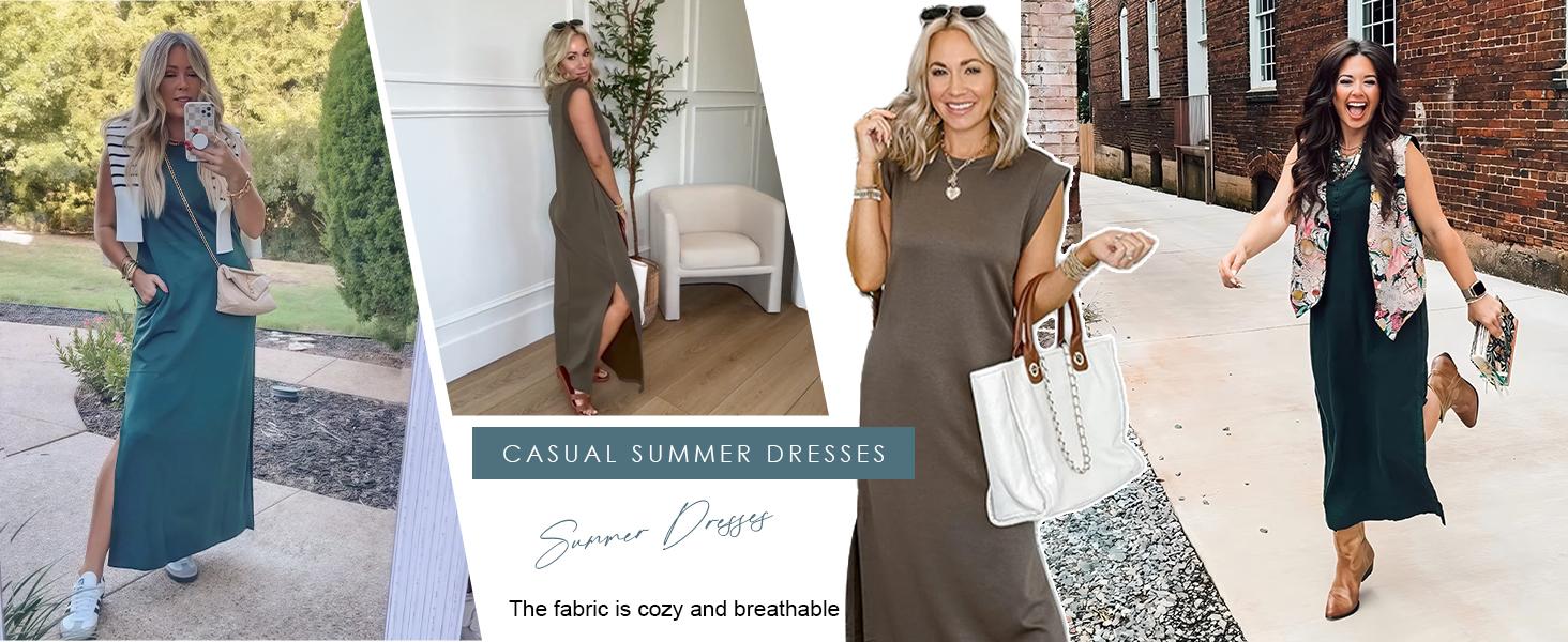 GRECERELLE 2026 Women Summer Round Neck Casual Loose Split Wrinkle-Free Long Maxi Vacation Dress with Pockets