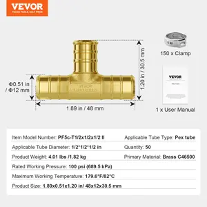 VEVOR Pipe Fittings, 1/2 50PCS Brass Pipe Fittings, Clamp-style Tee Pipe Connector Brass Air Fittings, Heavy Duty Plumbing Fittings Tube Adapter for Heating/Shower Systems, Outdoor Water Pipes
