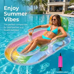 New Rainbow Glitter Inflatable Lounge Chair (with Pump), Adult Water Floating Raft with Two Cup Holders and Backrest, Shiny Leisure Pool Inflatable Floating Bed, Wear-resistant and Air-tight, Suitable for Beach and Pool Parties, Pool Floats Lounger