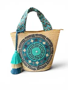 Wayuu XL Handwoven Cherry Tote Bag Inner lining, sliding and ornament (pompom
