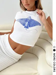 Women's Graphic Print Round Neck Tee, Casual Short Sleeve Crew Neck T-shirt for Daily Wear, Ladies Clothes for All Seasons, Crop Top, Casual Fashionable Top