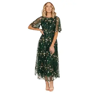 Arabella Embroidered Tulle Maxi Dress | Dark Green Floral