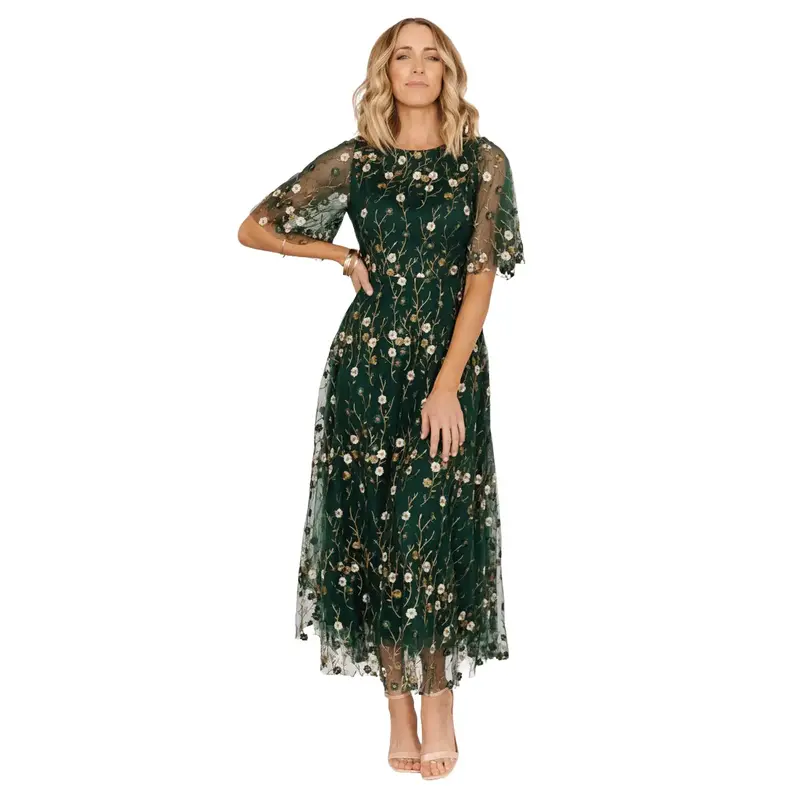 slim fit dress slacks Hunter Green Floral Tulle Maxi Dress