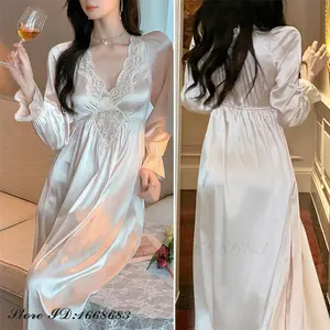 Female Long Nightdress Retro French Court Style Princess Nightgown Sleepwear Spring Autumn Loose Rayon Home Clothes Lounge Wear