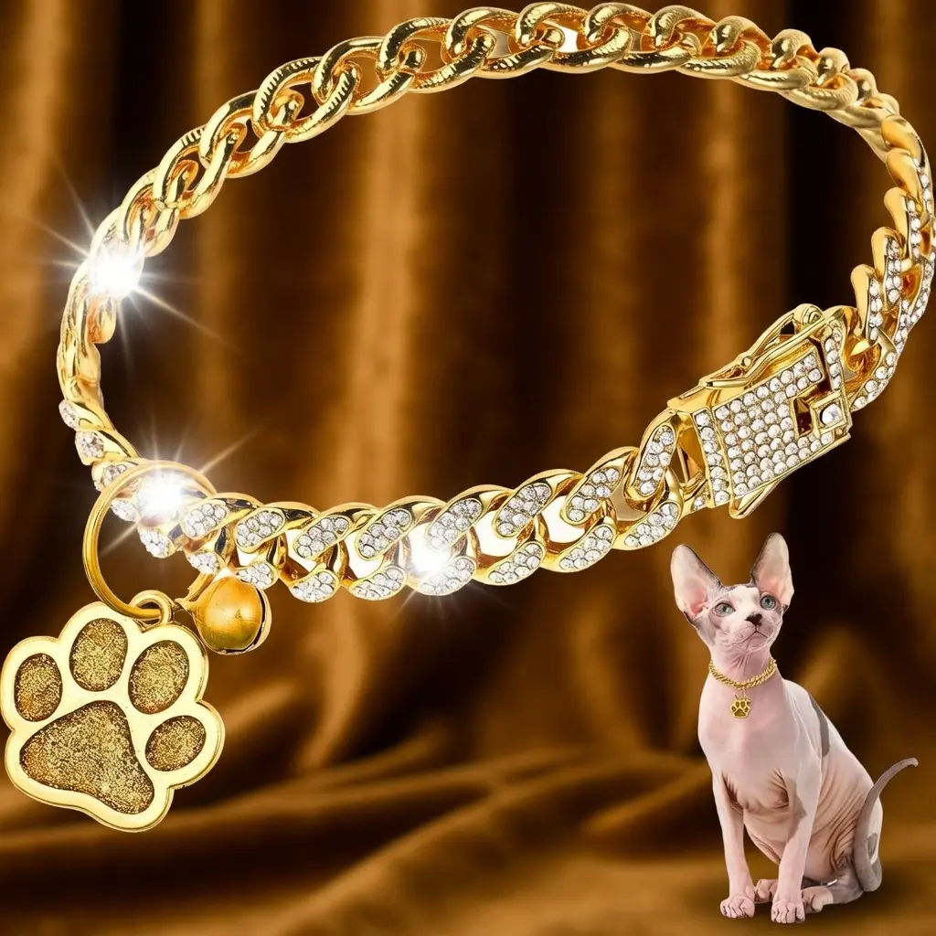 Diamond Glitter Cuban Link Cat Collar Trending 1 Piece Metal Chain Pet Necklace with Paw Charm ID Tag Bell Secure Buckle for Walking Small Cats Daily Party Pet Jewelry Gift