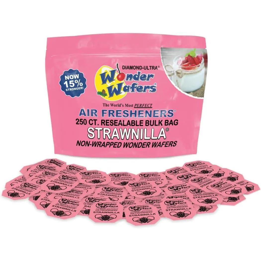 Wonder Wafers Unwrapped Car Fragrance - 250 Count Strawnilla Scent, Odor Eliminator, Easy Seal Container, 3 to 4 Days Long-Lasting, Professional Automotive Truck Detail Accessories, Car Odor Eliminator