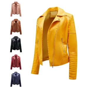 BIGWIG Women's Faux Leather Jacket, stylish biker style, casual lapel collar, lightweight short jacket, sporty retro slim-fit jacket, solid color casual long-sleeved top, parka coat