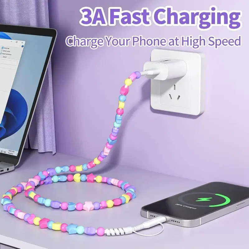 60W PD Fast Charging Durable 4-in-1 Fashion Colorful Beaded USB Car Charging Cable, Anti-Knot Universal Data Cord for iPhone, Android Mobile Cellphone Devices, Aesthetic, 4-In-1 Port