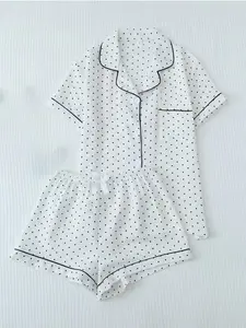 Women's Polka Dot Pajama Set, Casual Short Sleeve Shirt with Pocket, Elastic Waist Shorts, All Season Sleepwear, Comfortable Home