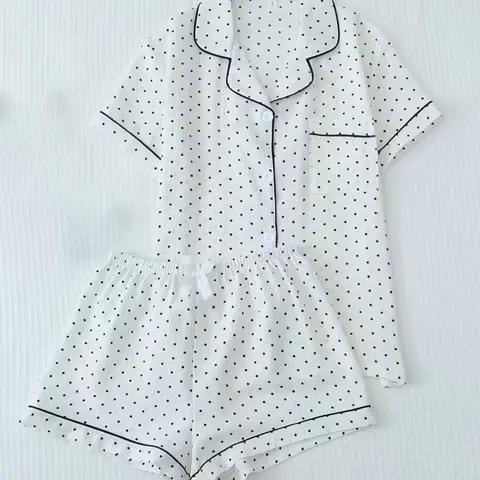Women's Polka Dot Pajama Set, Casual Short Sleeve Shirt with Pocket, Elastic Waist Shorts, All Season Sleepwear, Comfortable Home, Sets Pajama