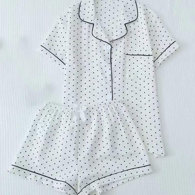 Women's Polka Dot Pajama Set, Casual Short Sleeve Shirt with Pocket, Elastic Waist Shorts, All Season Sleepwear, Comfortable Home, Sets Pajama