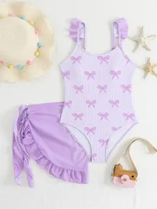New Bowknot Printed Halter One-Piece Swimsuit, European Style Big Girls Swimwear, Sleeveless Two-Piece Beach Swimming Suit, Bowknot Design, Swimwear Sets
