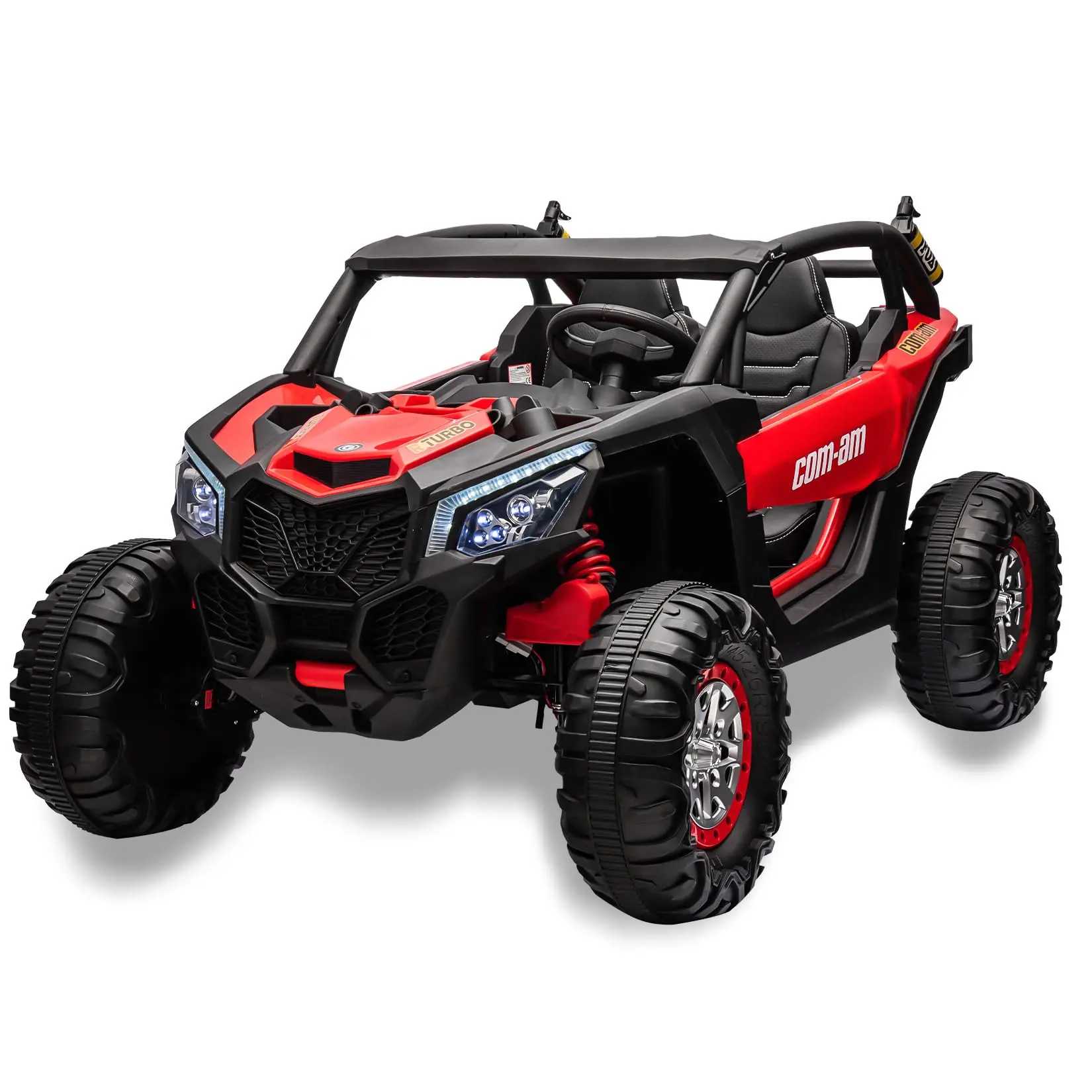 GARVEE 24V 2 Seater  Ride on UTV Car w/Remote Control, 4WD Powerful Electric Vehicle with 4x75W Motors, 4 Shock Absorber, Leather Seat, Music and Light, Electric Car  - Red