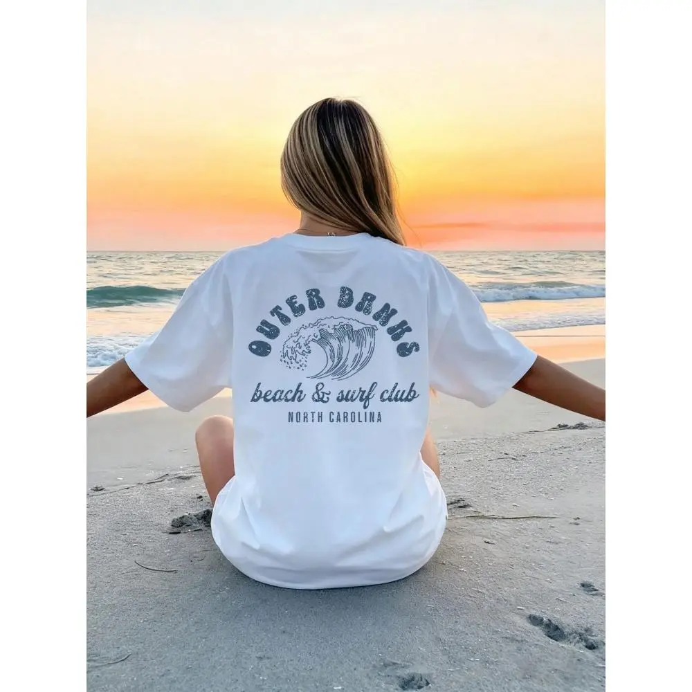 Outer Banks Wave Graphic Oversized Tee Women Beachy Surf Club Back Print Short Sleeve Crewneck Summer Vacation Streetwear Casual Loose Fit Top