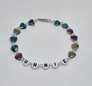 Unnie Handmade Korean K-pop K-Drama Fan Beaded Friendship Bracelet Large 8.5" Metal Wire Clay & Plastic Beads Gift for Big Sister