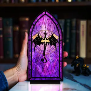 Fantasy Dragon Book Nook & Suncatcher Candle Holder – Four-Winged Purple Dragon, Gothic Bookshelf Decor, Gift for Book Lovers & Readers