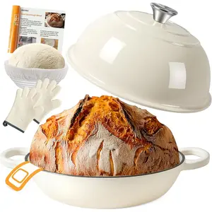 6QT Dutch Oven For Bread Baking, Enameled Cast Iron Dutch Oven Pot with Lid, Multi-Functional Bread pan, Sourdough Baking Supplies with Proofing Basket, Cast Iron Bread Oven, Silicone Sling & Gloves.