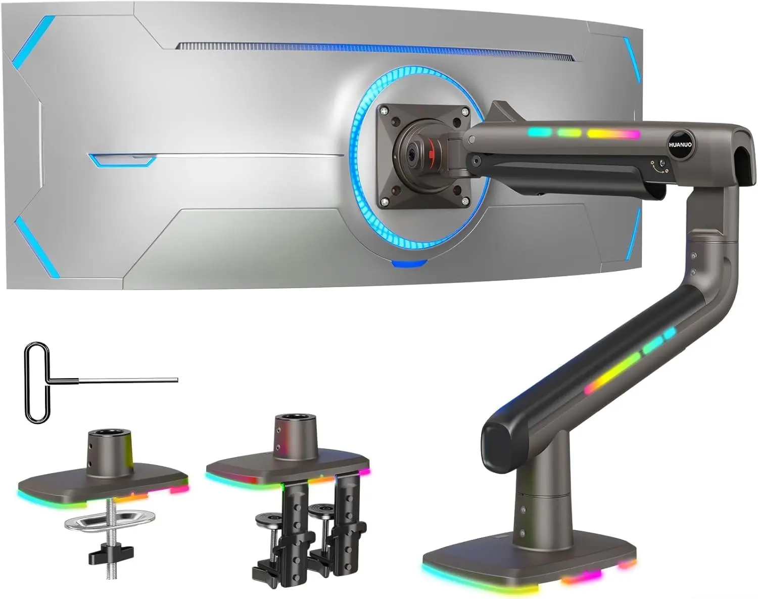TitanLift Monitor Arm for ultrawide screens up to 49″, heavy-duty single mount supporting up to 44 lbs, fully adjustable gaming monitor arm with C-clamp and grommet base, max VESA 100 x 100mm, RGB lighting.