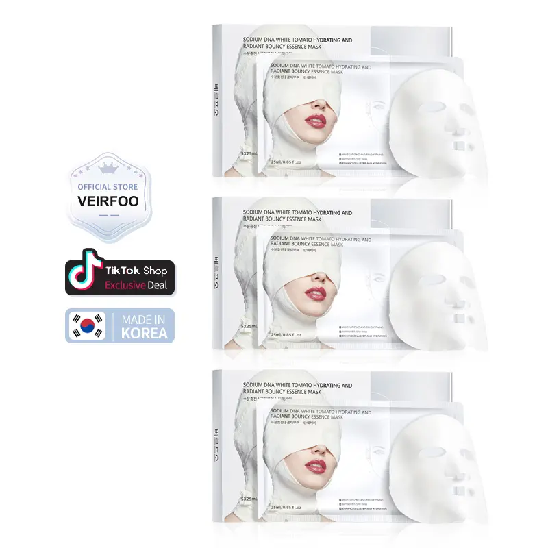 Korean Brand VEIRFOO White Tomato Hydrating and Radiant Bouncy Essence Mask -5Sheets/Box *3 Boxes, For Instant brightening Yellow Tone Correction Mild and Non-irritating