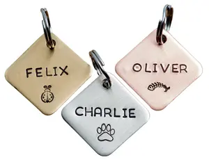 Custom Small Pet ID Tag Square Pick your Design Cat or Dog Identification Tag by Pugs2Persians Aluminum Brass Copper Hand Stamped
