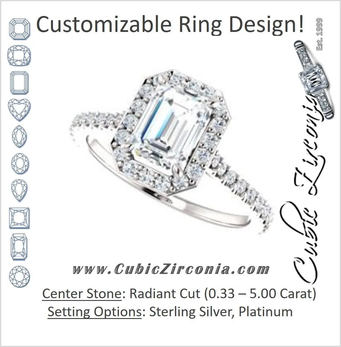 Cubic Zirconia Engagement Ring- The Bailey (Customizable Cathedral-set Radiant Cut Design with Halo, Thin Pavé Band and Floating Peekaboo)