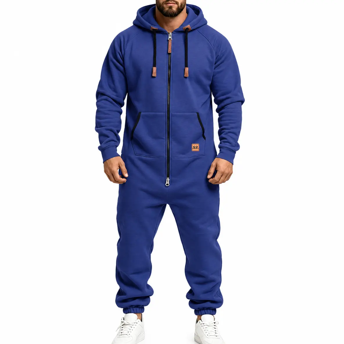 Men’s Fall-Winter Loose Minimalist Polyester Hooded Fleece-Lined Cargo Jumpsuit - Multi-Pocket Full-Zip Athletic Casual Overalls, Long Cuffed Pants Workwear for Outdoor Activities, Daily Wear,sohochic