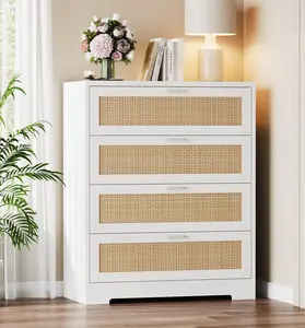 【Christmas Gift】White 4 Drawer Dresser for Bedroom, Rattan Chest of Dressers, Modern Wood Tall Dresser with Power Outlets, Drawer Organizer Unit with Metal Handle for Living Room Closet Hallway Entryway