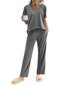 Ekouaer Womens Ribbed Knit Lounge Set Short Sleeve Top and Long Pants Sleepwear Pajama Set Two Piece Matching Outfits Set Loungewear Womenswear Loose Maternity Casual Day Drawstring Elastic Home Furnishing Skin friendly comfortable