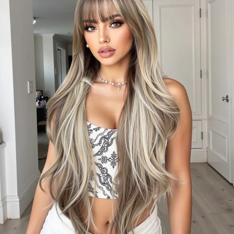 28 Inch Wig, Bangs Synthetic Wavy Curly Heat Resistant Fiber Wig, Natural Look for Daily Use, Women's Casual Wear and Special Occasions, Synthetic Wigs, Natural Looking Wig