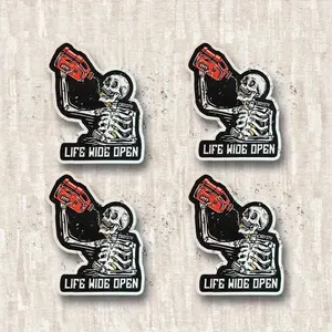 4PCS/SET "LIFE WIDE OPEN Skeleton Drinking Oil Logo " Car Motorcycle Culture-Style Sticker For Body/Window Windshield Sticker Cross-border Hot Motorcycle Hardcore Goodie Adds Dark Car Culture Texture Top For Car Motorcycle Hardcore Style Fans