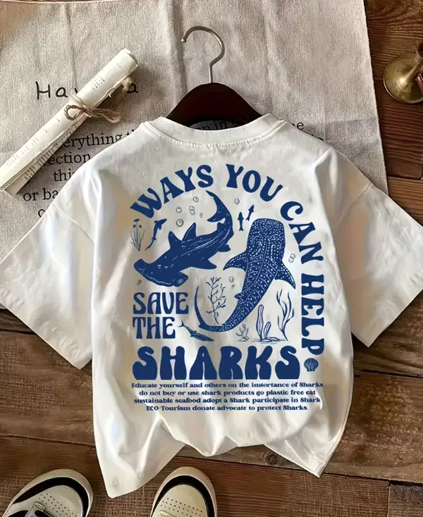 Save The Sharks Ocean Conservation Vintage Whale Shark Graphic Women's Short Sleeve T-Shirt.Marine Biologist Gift T-Shirt, Vintage Retro Print Ways You Can Help Save The Sharks Environmental Top.