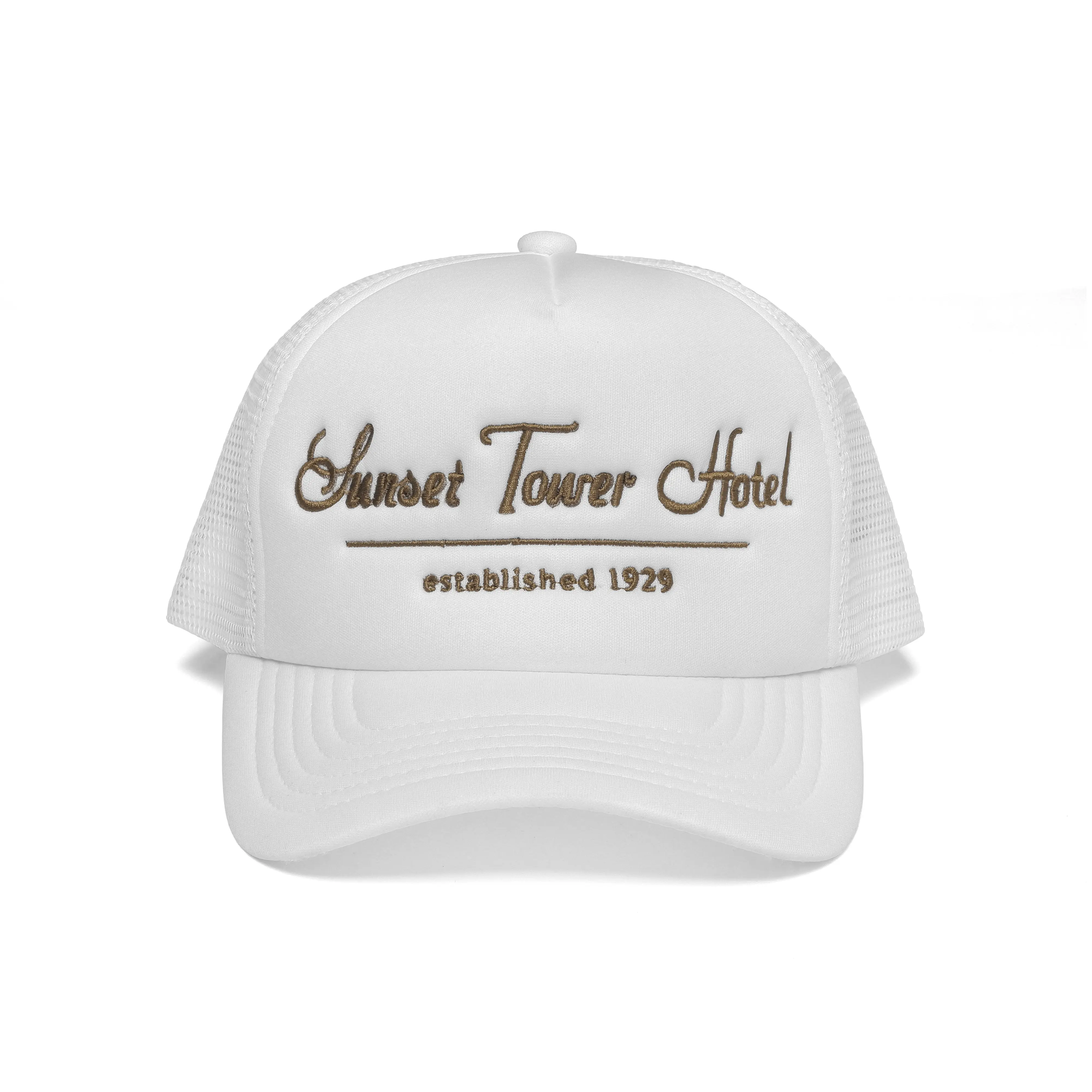 Sunset Tower Hotel Trucker Hat White Foam with Gold Embroidery Stylish Design for Versatile Use