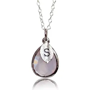 Personalized Pink Opal Necklace, October Birthstone Necklace Teardrop, Bridesmaid Necklace, Custom Initial Necklace, Birthday Gift for Her