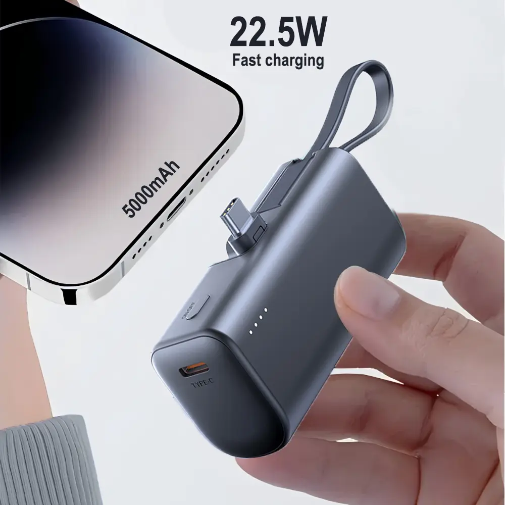 5,000mAh Compact Mini Power Bank - Built-in USB-C Connector & Wall Charger, Portable Charger EDC Gear Everyday Carry Accessory for iPhone 17/16/15 Series, Samsung Galaxy S25/S24, Smartphones & On-the-Road Use