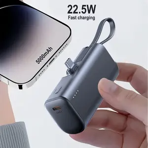 Mini Portable Charger Power Bank, 5,000mAh Portable Phone Charger with Built-in USB-C Connector, External Battery Power Bank for iPhone 17/17 Air/17 Pro/17 Pro Max/16/15 Samsung Galaxy S25/S24