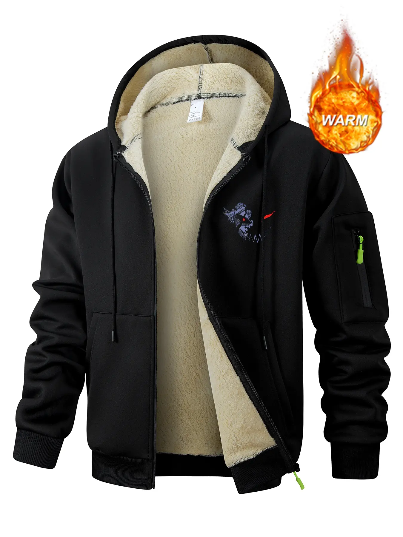 Smiley Face Print Sherpa Plush Lined Jacket for Men, Fall Winter Warm Thermal Fleece Outwear Outfits Tops, Casual Cozy Hooded Sweatshirt Coat, Kangaroo Pocket Design, Zipper Pocket Sleeve