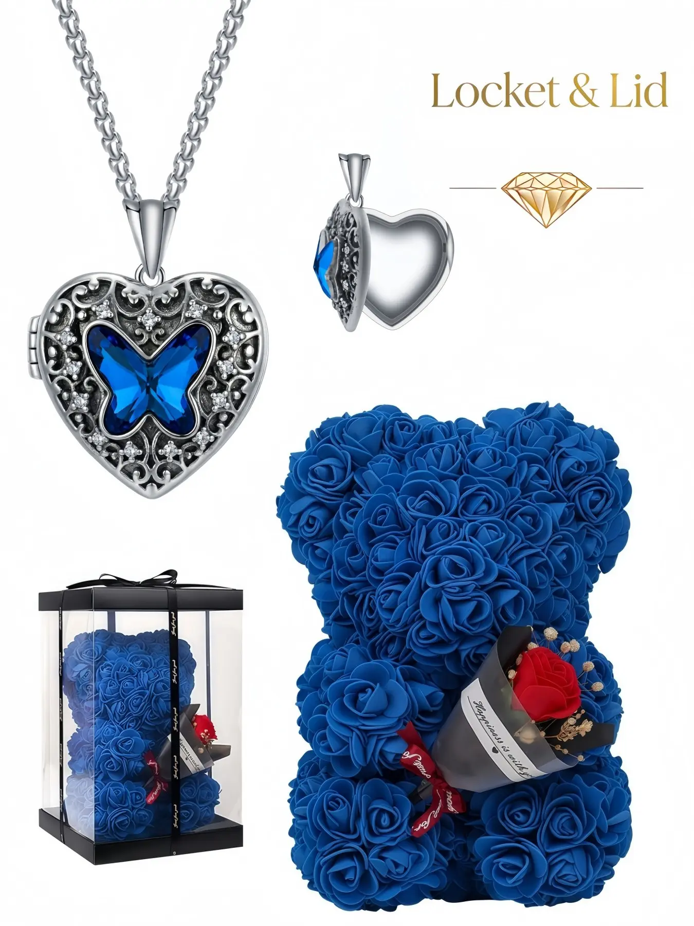 Blue Butterfly Dream Stylish blue diamond butterfly locket necklace, fade-proof diamond pendant. Comes with preserved rose bear gift box. Ideal surprise gift for birthday, Valentine's Day, Mother's Day and Christmas.