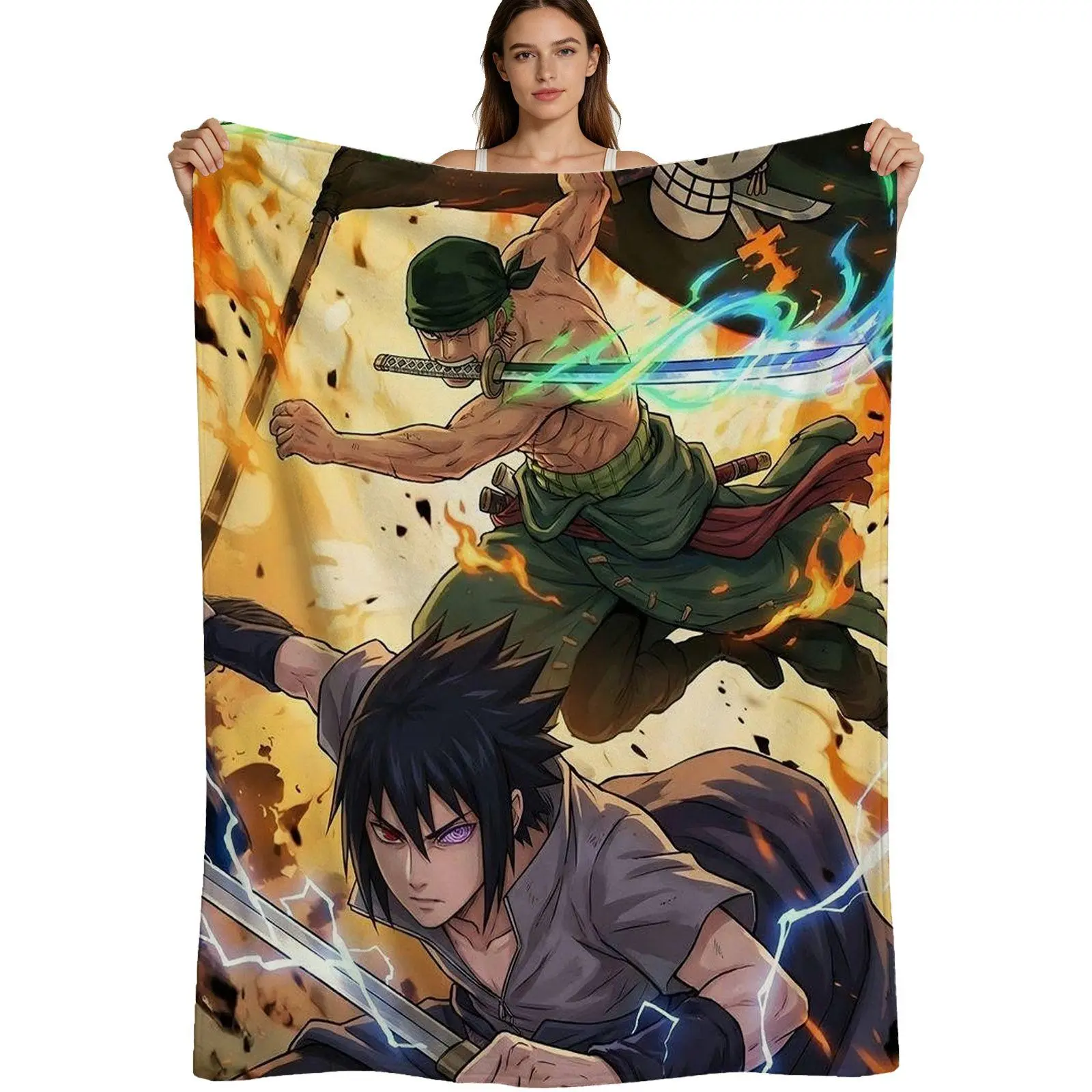 Anime Style, Warm Flannel Blanket, Zoro And Sasuke Battle Scene, Soft Plush Fabric, For Fans And Bedroom Decor, 4 Sizes Available Single Pack