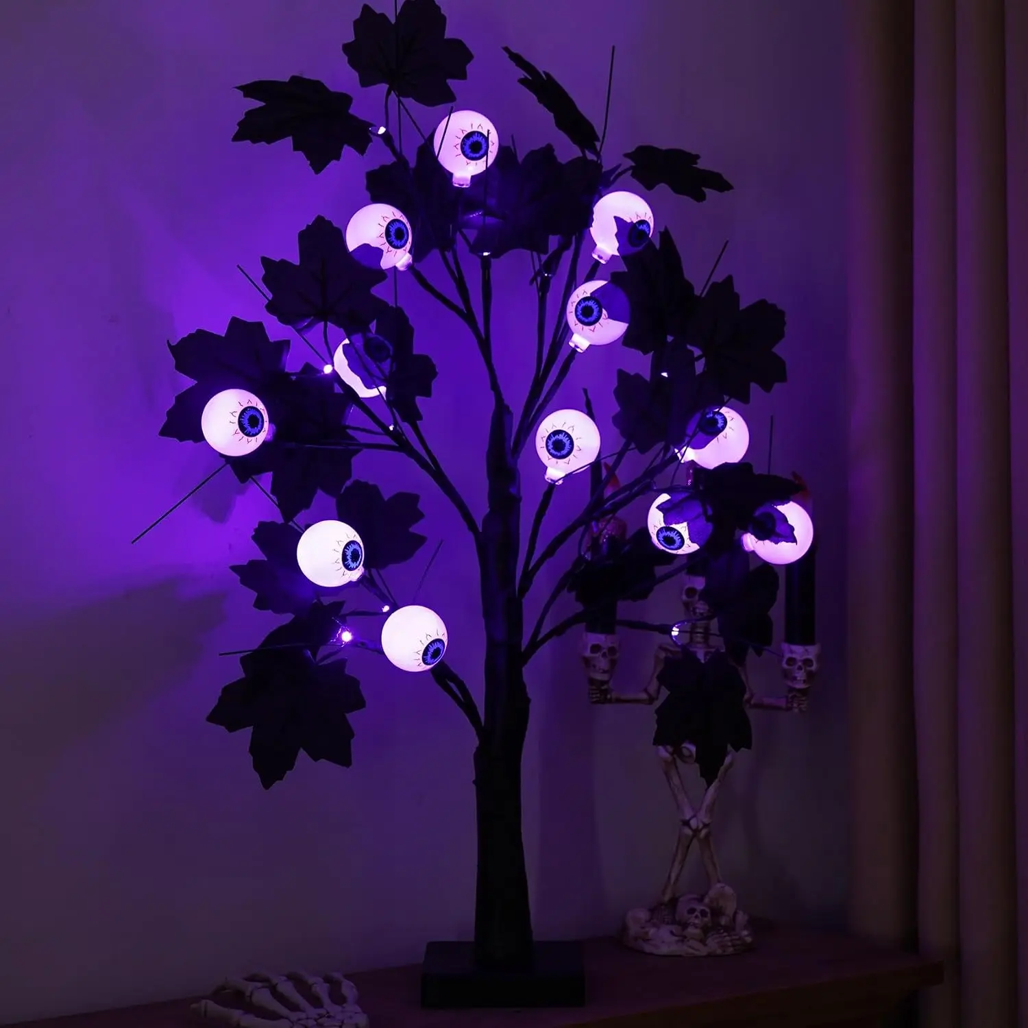 Halloween Spooky Black Eyeballs Tree with Purple LED Lights, USB/Battery Operated Halloween Tabletop Black Tree Lamp for Halloween Indoor Desk Bedroom Centerpiece Fireplace Decor