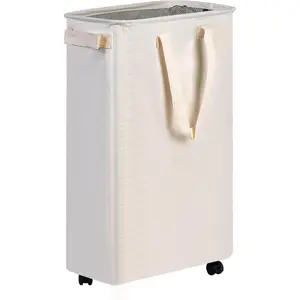 Slim Laundry Hamper with Wheels, Rolling Laundry Basket for Clothes, Small Laundry Basket for Bedroom, Dorm and Laundry Room, 48L (12.7 Gallons) Beige