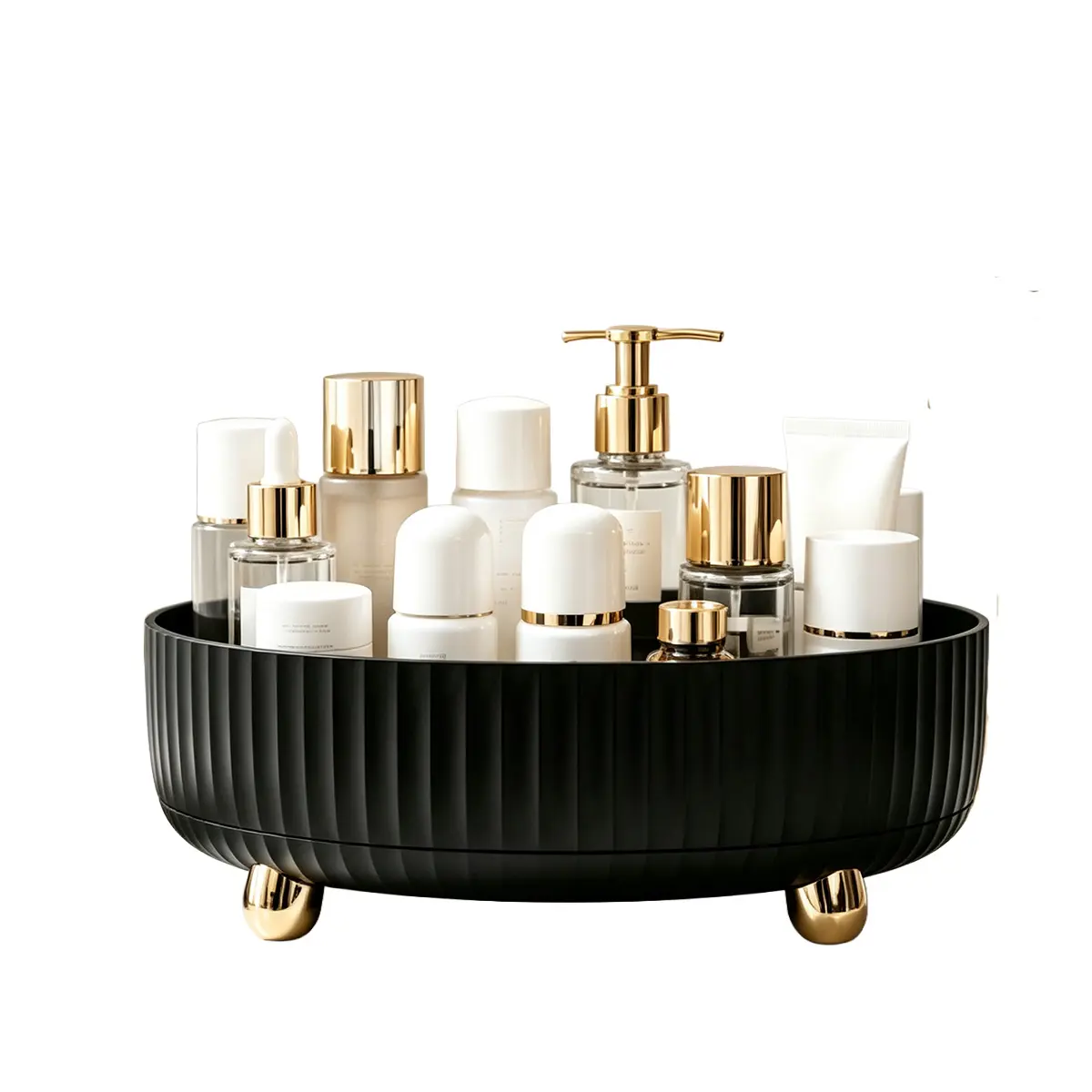 versatile  360° rotating makeup storage box, multi-functional large-capacity striped cosmetics storage box, easy-to-clean and durable bathroom makeup box, suitable for storing makeup brushes, lipsticks and skin care products vanity countertop organizer