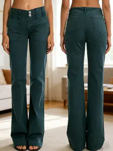 Women's Wide Leg Baggy Jeans Loose Fit Straight Leg Dark Green Double Button Closure Lightweight Denim Gradient Color Slim Fit Bootcut Cat Eye Texture Washed Mid Waist Stretchy Bohemian Style