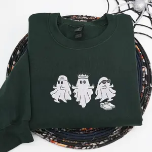 Cute Three Ghost Embroidered Halloween Sweatshirt – Fun Triple Ghost Design with Crown, Sunglasses and Cap, Cozy Unisex Fall Pullover, Spooky Cute Outfit Perfect Halloween Gift or Fall Birthday