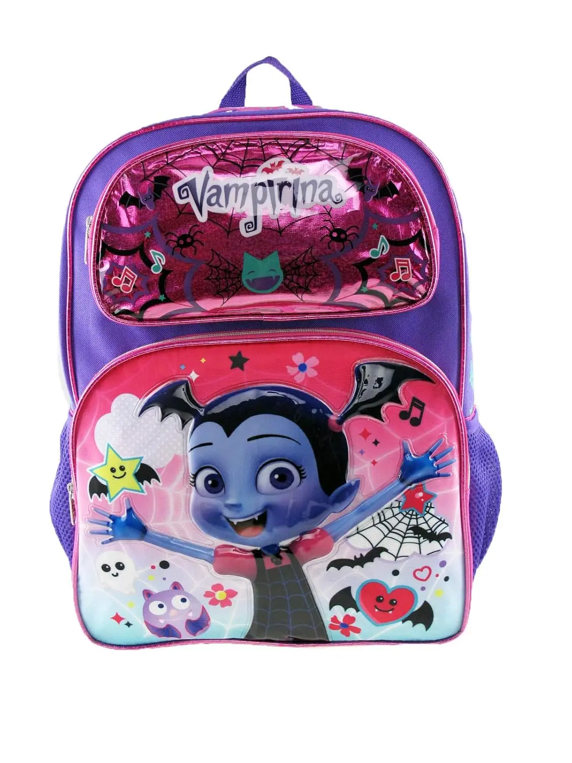 Disney's Vampirina 16 in Kids' Fun Backpack, Polyester Large-Size Bag with Emoji Bats, Multiple Pockets, Pull Tab