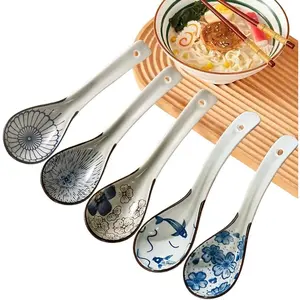 5pcs Soup Spoon, Ceramic Soup Spoons, Deep Oval Hook Non-slip Soup Spoons For Rice,Ramen,Pho,Miso Soup,Wonton Noodle, Luck and Prosperity Gifts For Friends,Parents,Family