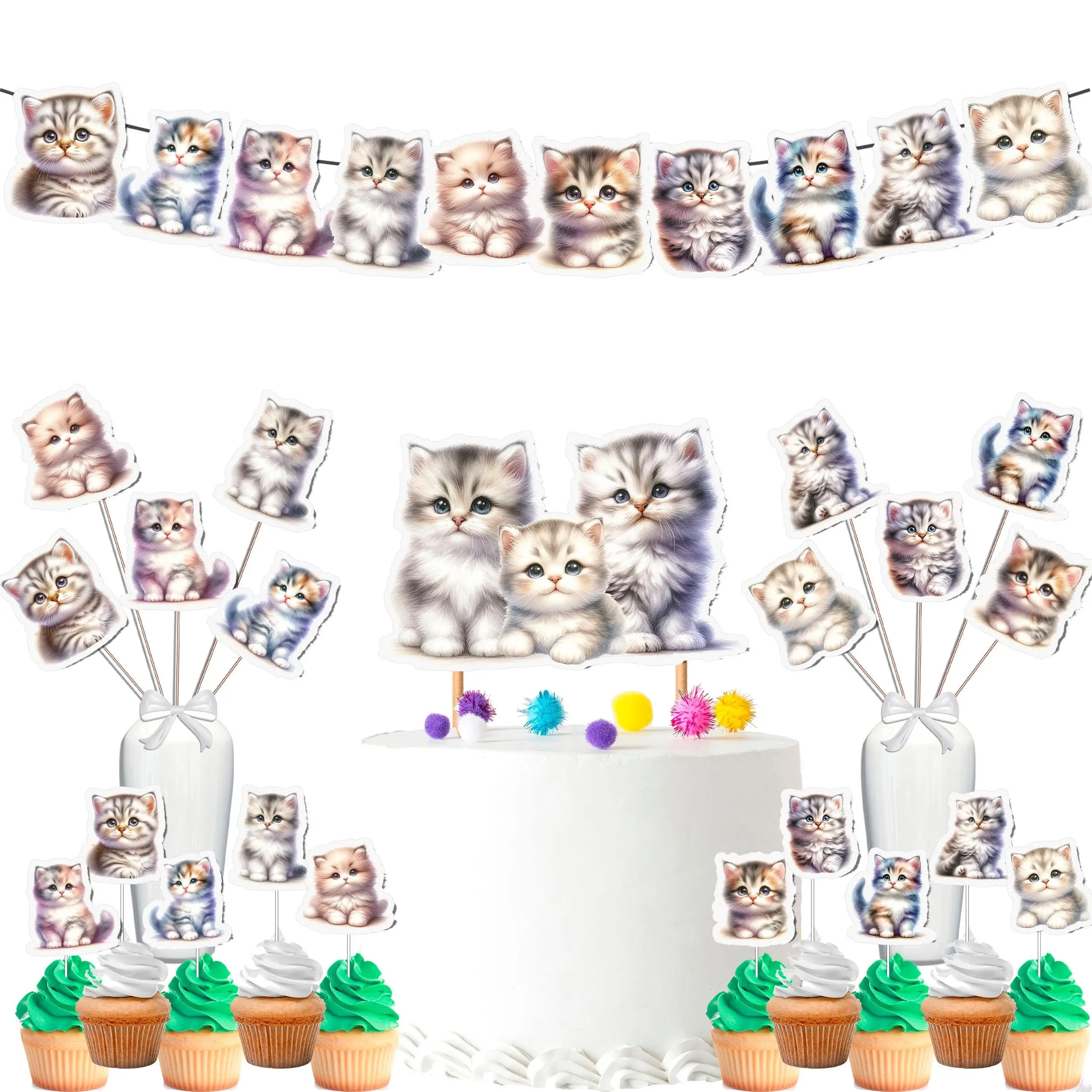 Purr-fect Playful Cats Birthday Party Decor Set - Adorable Cake Topper, Cupcake Toppers, Centerpieces, & Banner - Celebrate with a Meow-velous Theme
