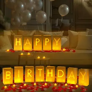 Happy Birthday Light Up Letters Luminary Bags with Flameless Candles and Fake Rose Petals, Happy Birthday Sign Party Decoration for Women Men outdoorfun