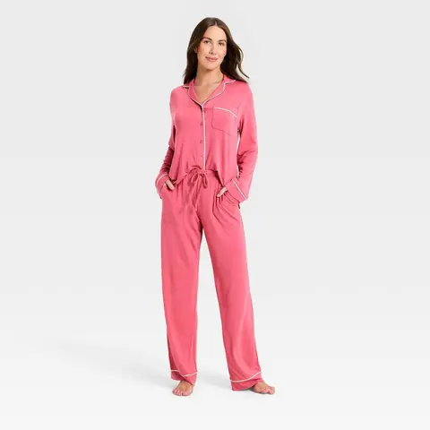 Women's Cloud Knit Long Sleeve Notch Collar Top and Pants Pajama Set - Auden