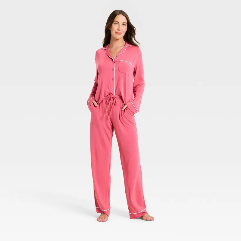 Women's Cloud Knit Long Sleeve Notch Collar Top and Pants Pajama Set - Auden